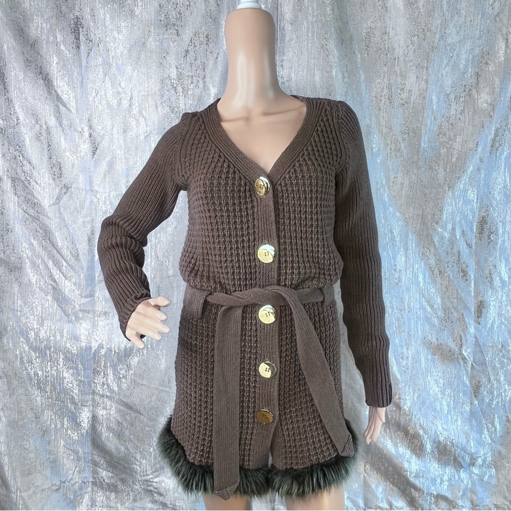 Anselmi Brown Button-Up Belted Women Sweater Medium Faux Fur Hem